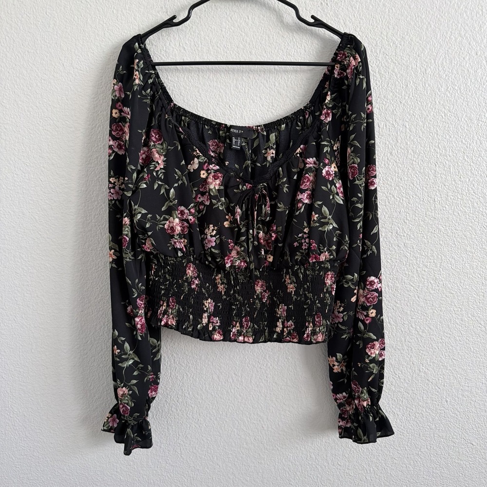 1X XL Floral Boho Off the Shoulder Top Blouse Puff Sleeve Peasant Lace Trim - Picture 13 of 15